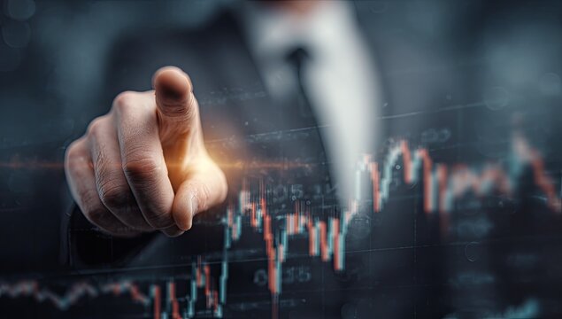 Businessman interacting with a glowing digital financial data graph - Powered by Adobe