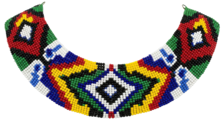 Colorful beaded necklace with geometric patterns, showcasing vibrant red, green, blue, and yellow designs.