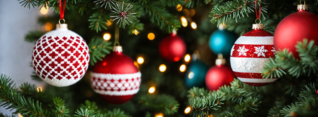 selective-focus background close up of red and white patterned christmas balls on green tree branches with blue baubles