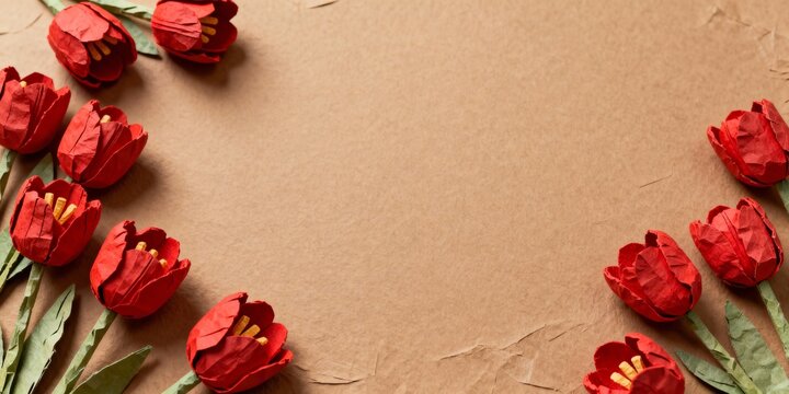 Crafted red tulip flowers scattered on textured paper create a striking visual for spring celebrations, invitations, and heartfelt announcements