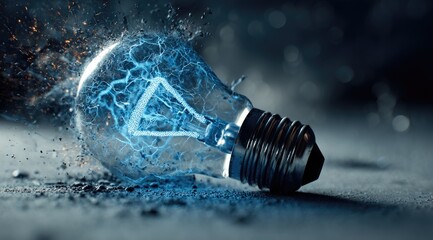 A shattered light bulb crackles with electric blue energy and sparks