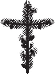 Naklejka premium Black Silhouette Christian Cross Made of Evergreen Branches and Pine Cones Keywords: cross