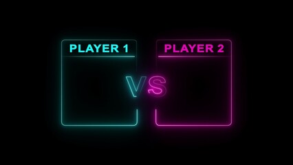 Neon glowing player 1 versus player 2 graphic with blank frames and V S text on black background image ©  Fluxora