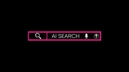 Neon pink search bar with A I S E A R C H text magnifying glass microphone and upload icon on black background
