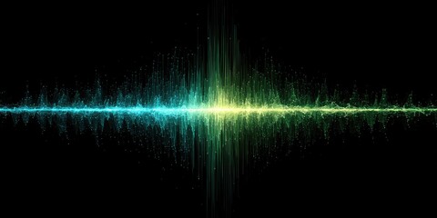 Abstract sound wave visualization with glowing particles in blue and green