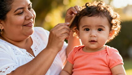 Loving hispanic mother gently combing her baby daughter's curly hair outdoors. A tender moment of family care and bonding