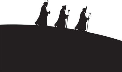 Three Wise Men Silhouettes Walking Over Hill on White Background kings magi