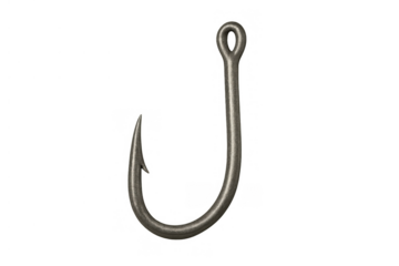 Fishing hook with sharp barb and metal eyelet, essential tackle for angling and catching fish, transparent background