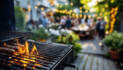 Outdoor gathering with grilling sausages and string lights creating ambiance