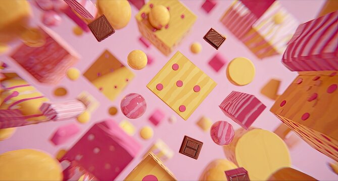 Playful candy shapes and cubes float in a soft pink, whimsical backdrop - Powered by Adobe