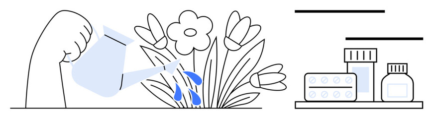 Hand watering blooming flowers with a jug conveys care and growth, paired with medicine bottles and pills symbolizing healing. Ideal for wellness, health, balance, growth, self-care, recovery, simple