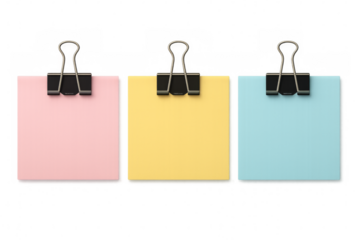 Pastel sticky notes with binder clips on transparent background