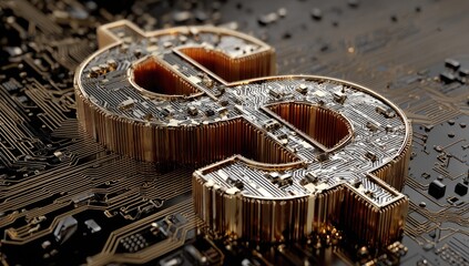 Golden dollar sign on a detailed, illuminated circuit board, suggesting digital finance