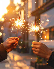 A pair of hands holds sparklers, lighting up the night with joy and excitement for the New Year.