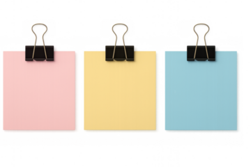 Blank colorful sticky notes with binder clips on transparent background