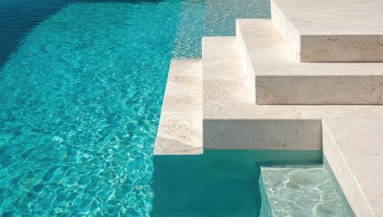 Modern geometric pool steps descend into bright turquoise, clear water