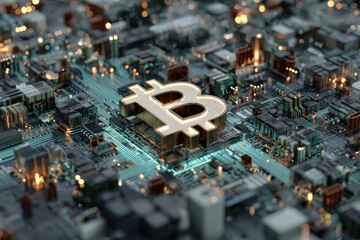 Golden cryptocurrency symbol gleams on a complex, illuminated electronic circuit board