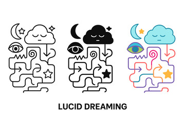 Lucid Dream Pathways. Atlas spread filled with abstract symbols and pathways of lucid dreaming, first in line style with thin