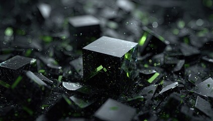 Crystalline shards and glowing cubes with scattered bright particles