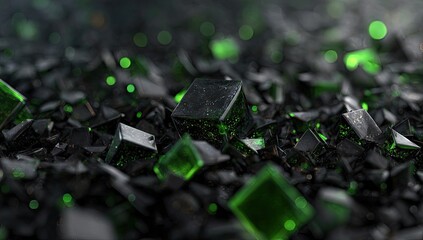 Dark, crystalline shards with vibrant green glowing cores scattered across a textured surface