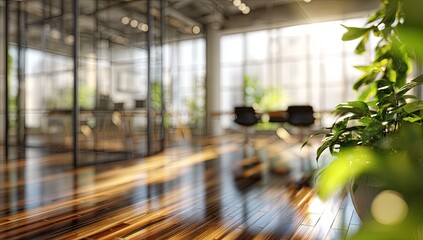 Bright, sunlit modern office interior with glass walls and lush plants