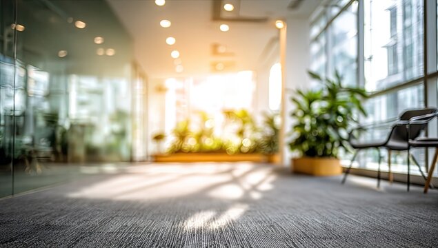 Sunlight streams through modern office interior with plants and chairs