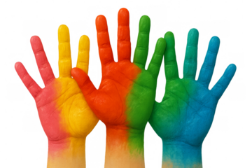 Human hands painted with rainbow colors expressing diversity and unity