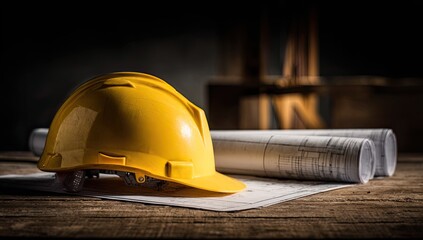 Yellow hard hat rests on blueprints on a rustic wooden surface
