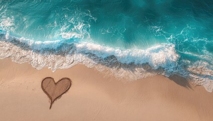Heart drawn in sand on a beach with crashing waves