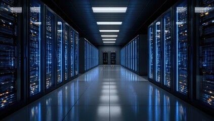 Rows of glowing server racks in a futuristic, dark data center