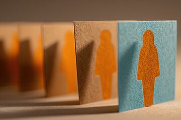 Silhouette figures stand out from a muted row, one in blue