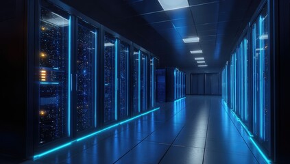Dimly lit data center corridor with glowing blue server racks and reflective floor