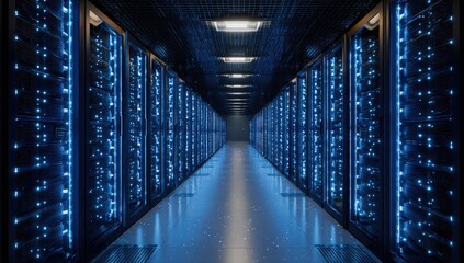 Illuminated server room with rows of glowing blue computer racks stretching into distance