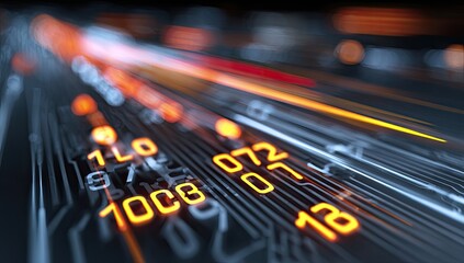 Blurring orange digital streams and numbers on a circuit board