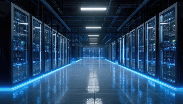 Rows of glowing blue servers in a modern, dimly lit data center - Powered by Adobe
