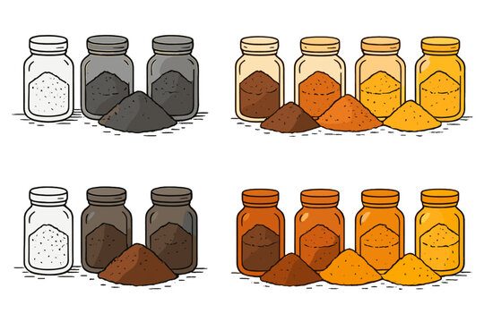Gradient Pigment Jars. Powdered pigment jars arranged neatly in gradient of hematite to limonite hues, balanced composition of