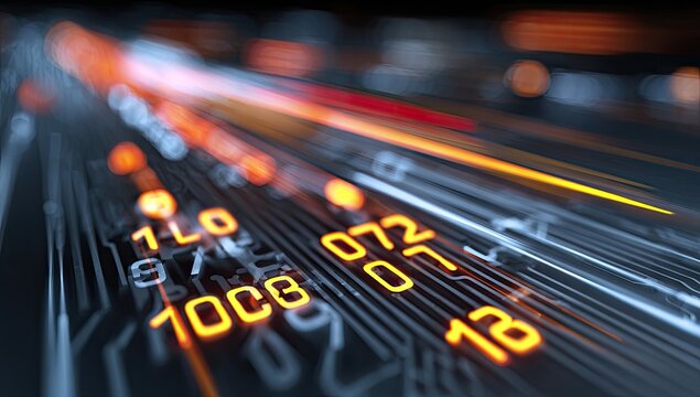 Blurring orange digital streams and numbers on a circuit board - Powered by Adobe