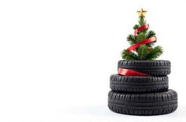 Christmas tree shaped car tires with red ribbon and gold star. Winter tires on white background. New Year's advertising banner. Space for text.