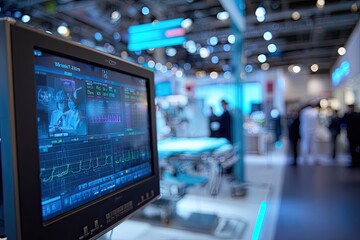 Fototapeta premium Medical monitor displays patient vitals and a surgical team in a bright, blurred exhibition hall