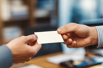 Hands exchanging a blank business card in a professional setting