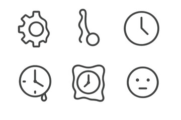 Temporal Melancholy Icons. Line style icons of Temporal Melancholy: drooping gear, warped pendulum, faded symbol, dripping second