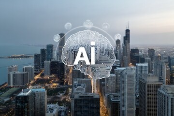 Futuristic cityscape with glowing AI brain overlay