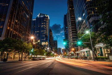 Obraz premium Streaking lights of cars on a city street at dusk between tall buildings