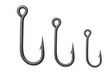 Three metal fishing hooks in varying sizes, featuring sharp barbs and a looped eye, ready for attaching line and bait