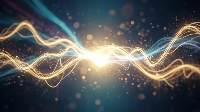 Abstract quantum entanglement with orange and blue light trails. Scientific visualization of subatomic particle energy concept.
