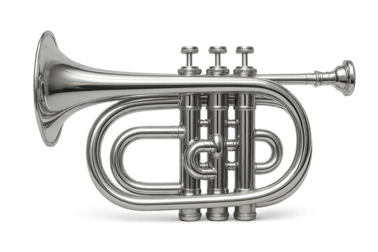 Silver cornet brass wind instrument isolated on transparent background
