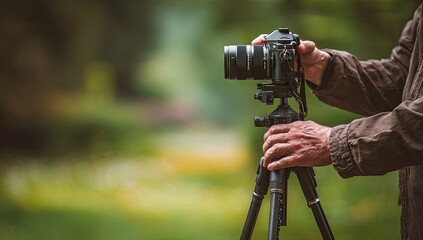 Hands adjust camera on tripod in soft-focus green outdoor setting