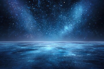Ethereal glowing particles drift across a deep blue, starry night sky and reflective ground