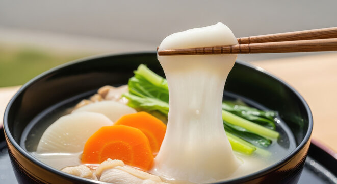箸で持ち上げた伸びる焼き餅のクローズアップ｜鶏肉と野菜入りの和風雑煮スープ