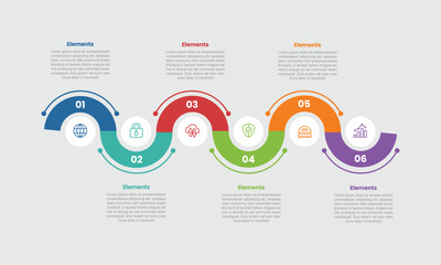 6 elements infographic comparison diagram with half circle wave up and down on horizontal with circle turn with dot line style 6 step for slide presentation © hengky